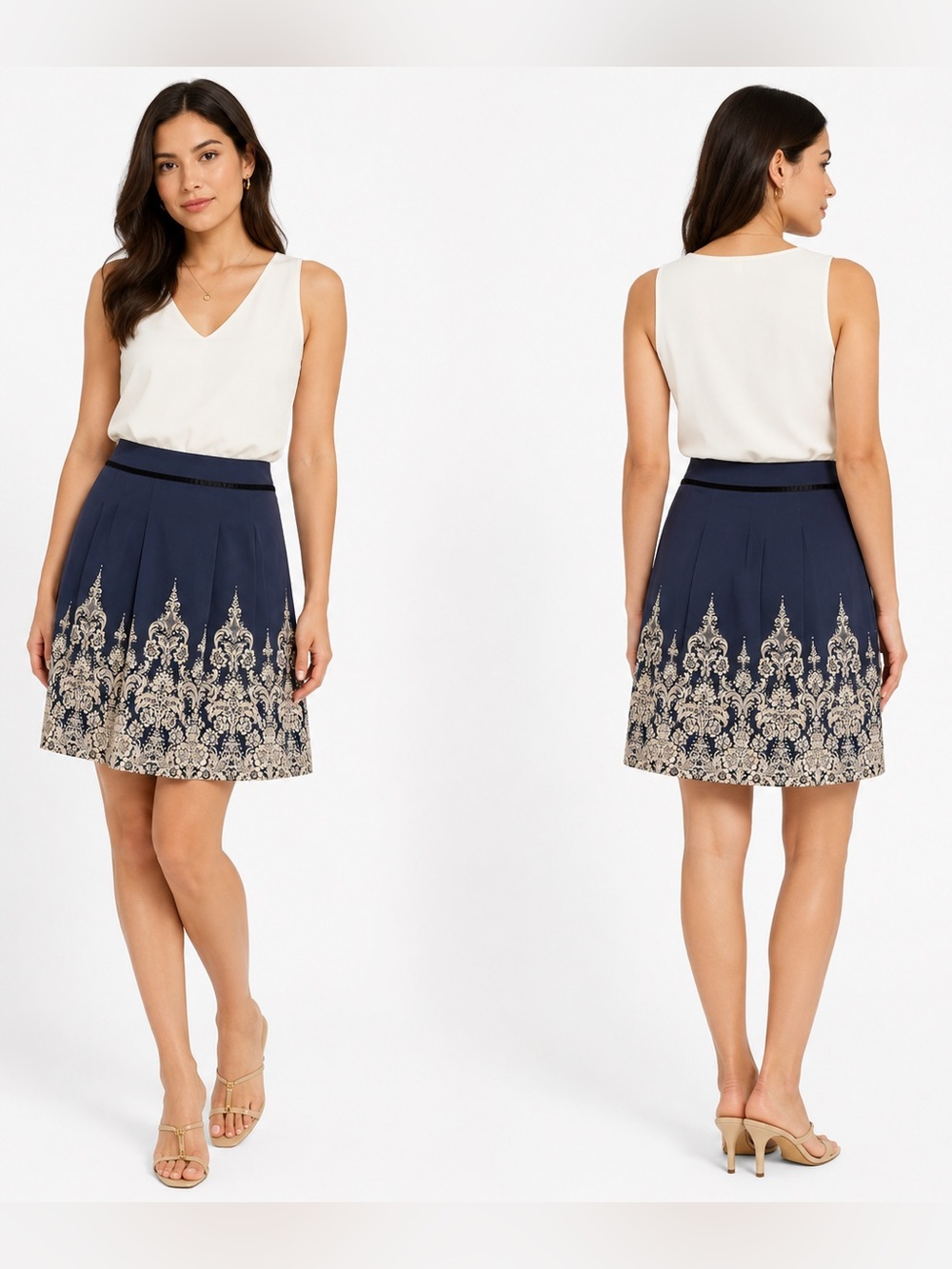 Ann Taylor Silk Floral A-Line Midi Skirt Blue Cream Size 6